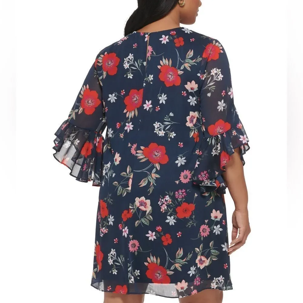 Calvin Klein Plus Size Navy Chiffon 3/4 Sleeve Shift Floral Dress Sz 16W NWOT